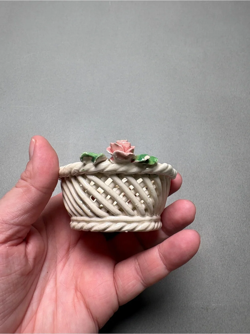 Cottagecore Handmade Italy Ceramic Rose Basket Pair Ring Dish Trinket Dish